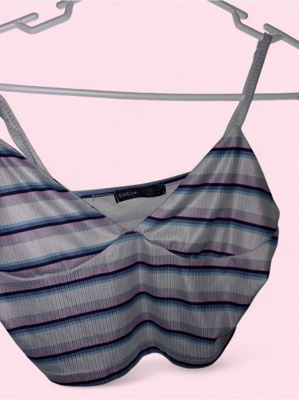 SHEIN  Striped Ribbed Cami with Navy & Pink Accents